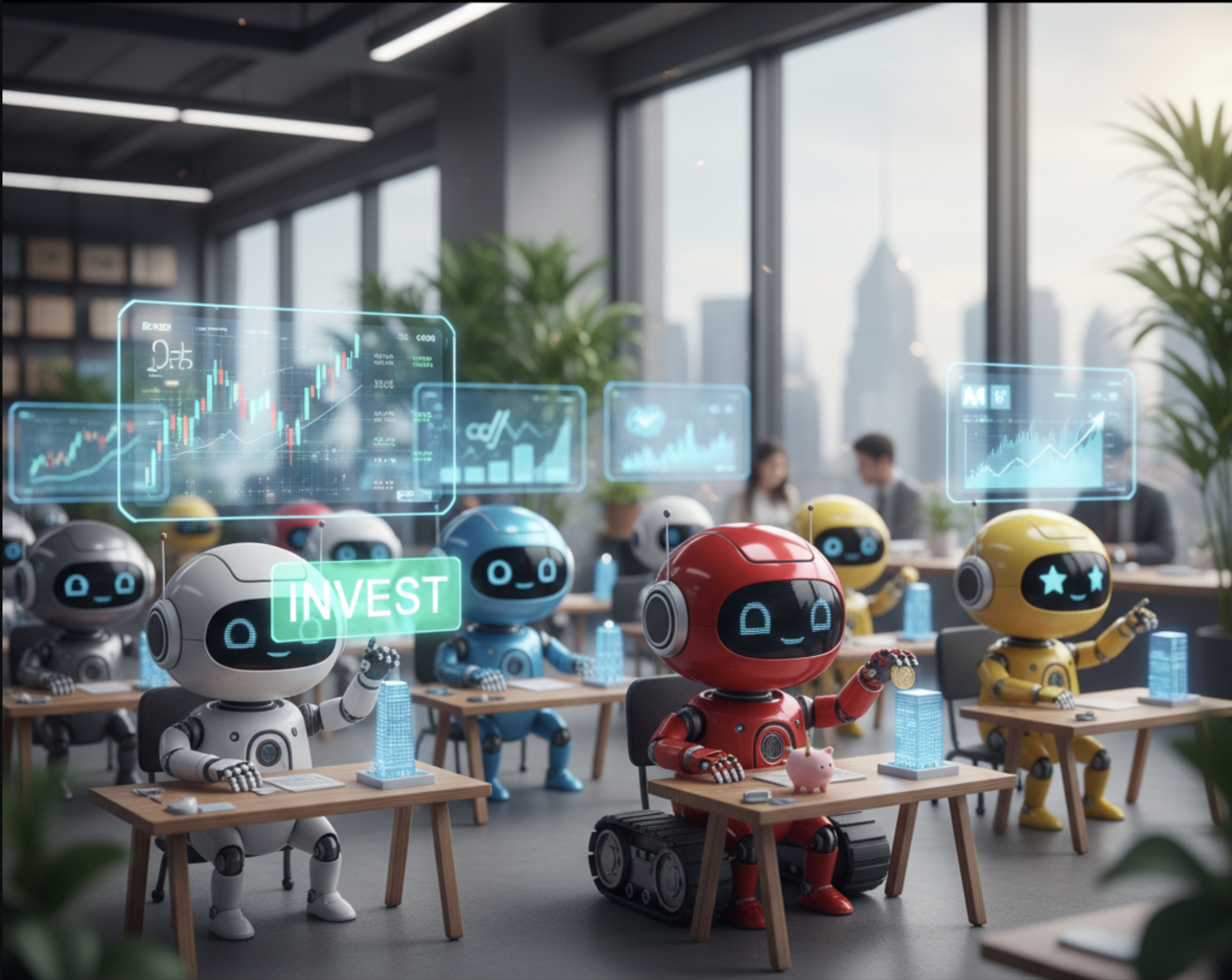 Robots collaborating in an office with investment dashboards