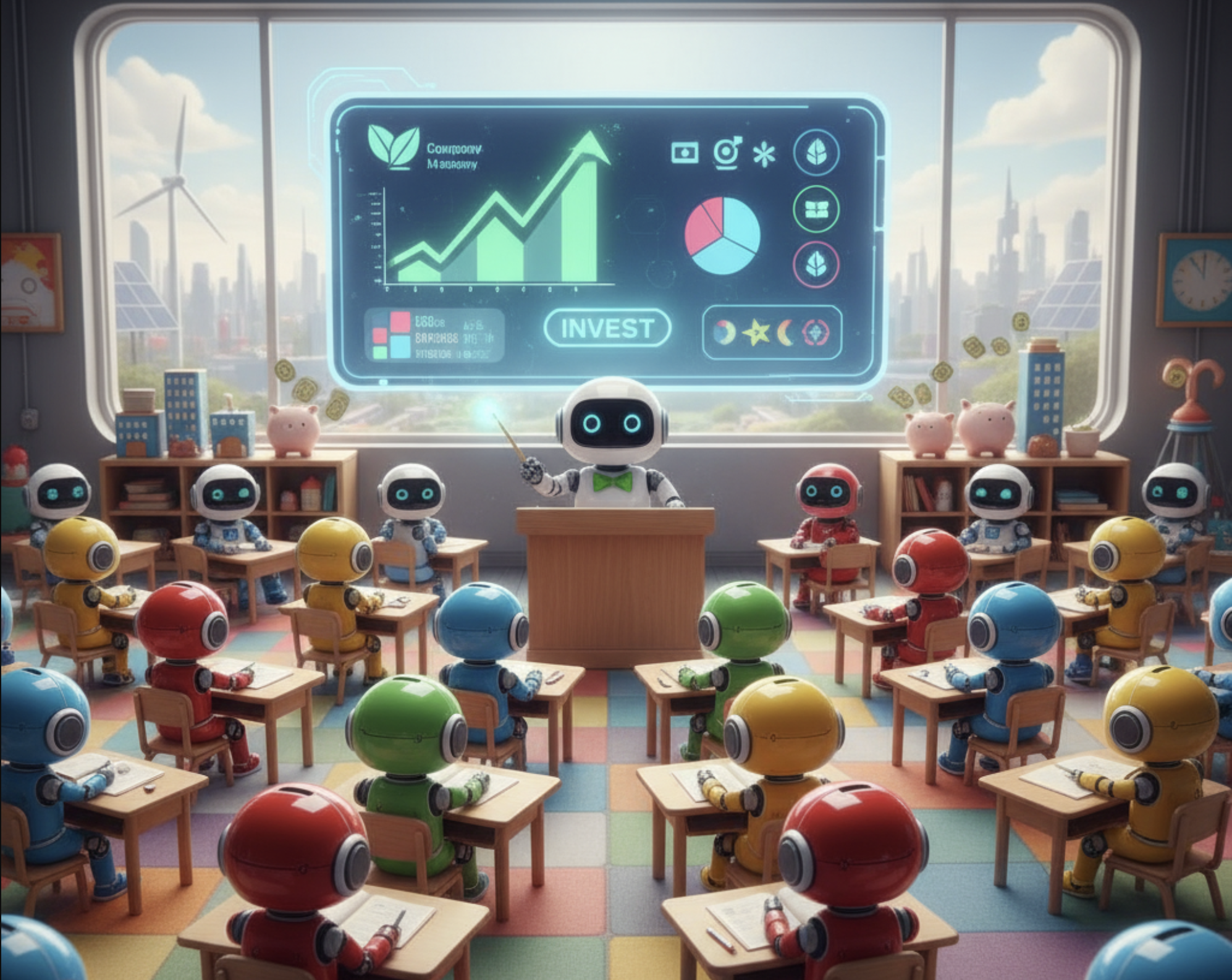 Classroom of robots around a digital strategy table with city skyline backdrop