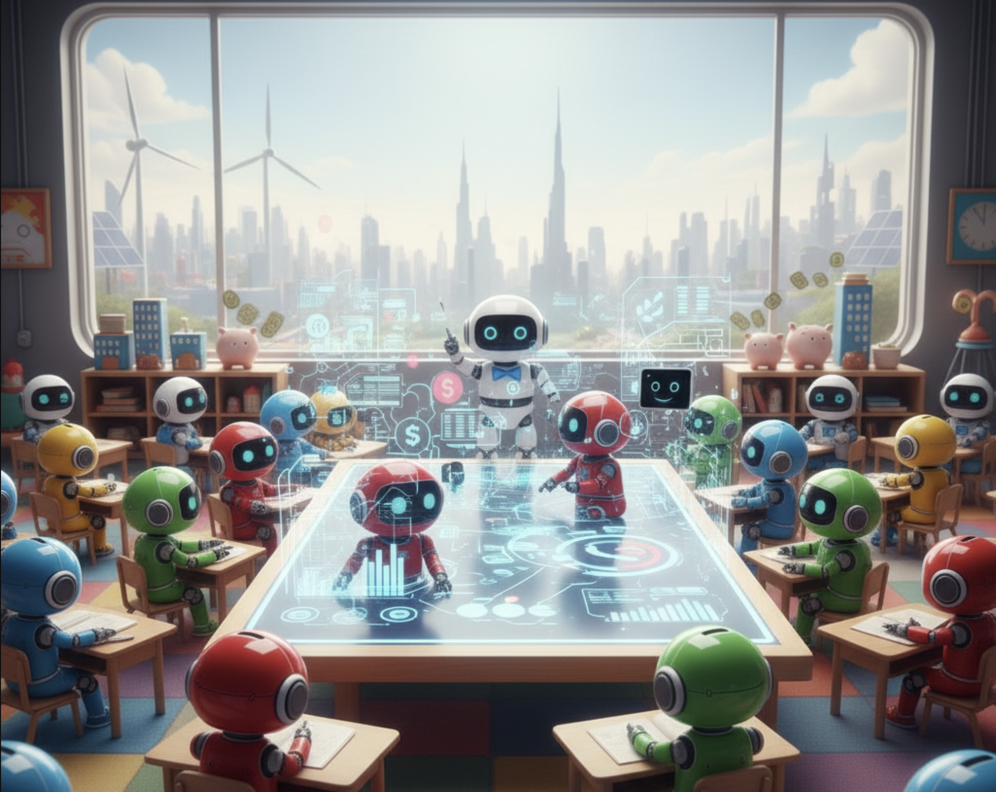 Robots in a modern office reviewing investment and growth charts